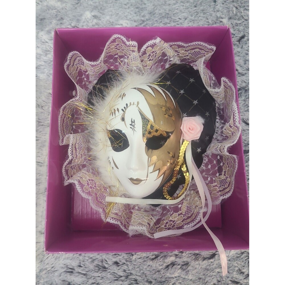 Vintage Porcelain Wall Mask Black White Gold Feathers Lace 13" x 12" Decorative